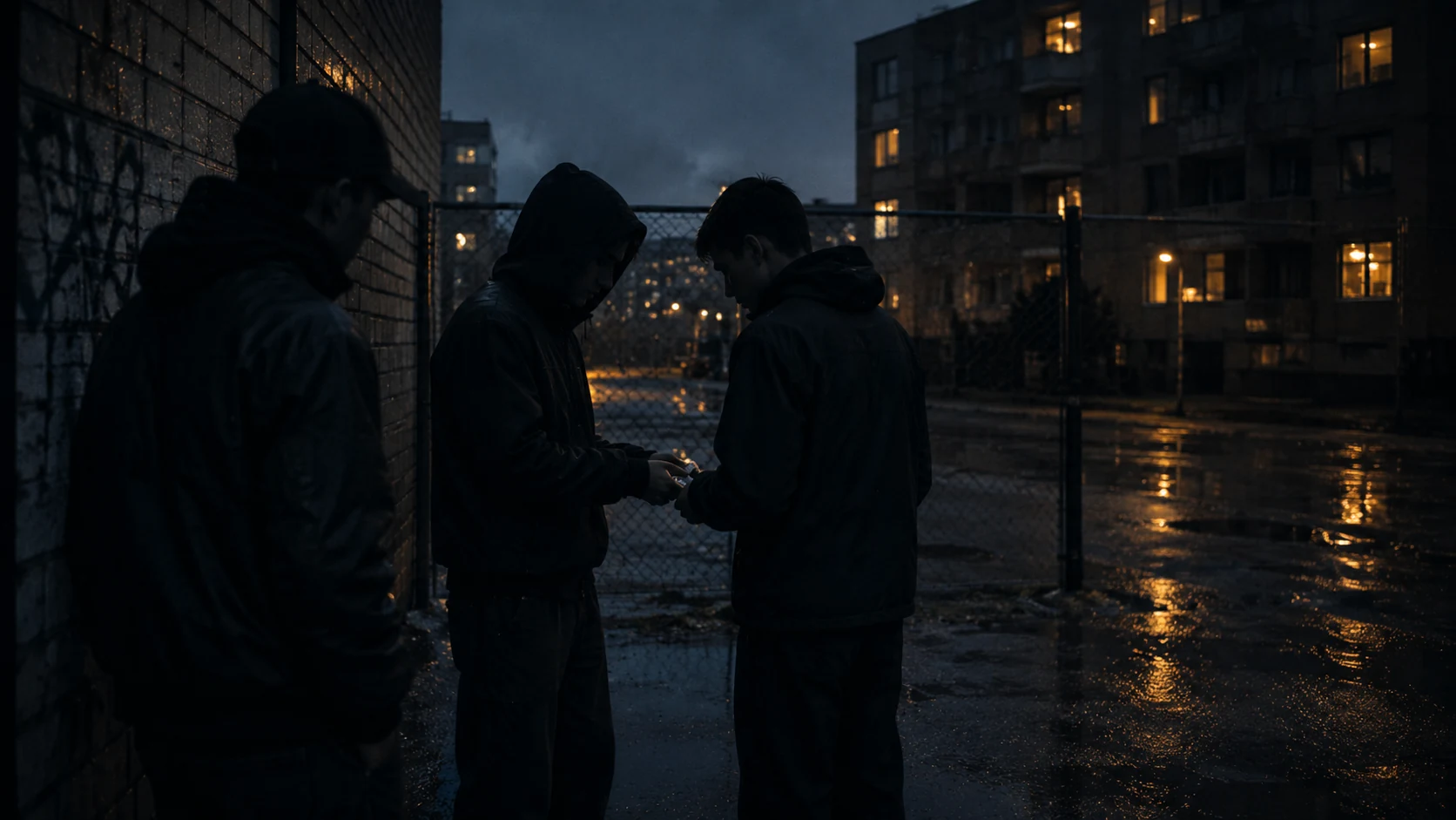 Unge i en mørk regnvåd bydel om aftenen
