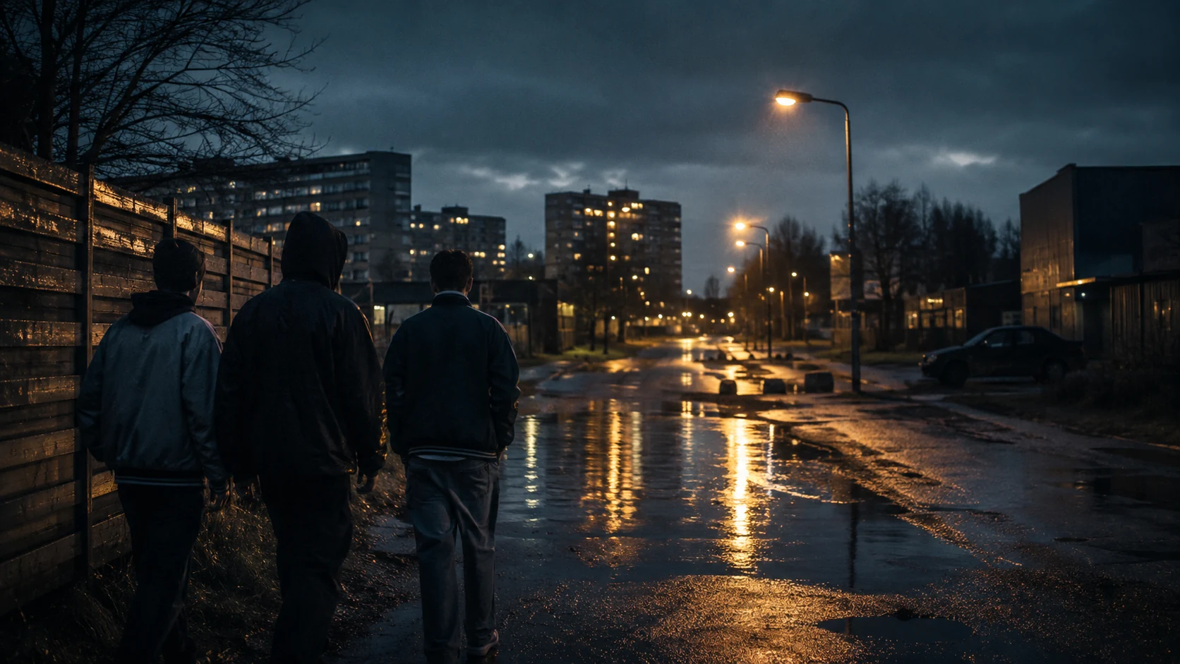 Tre unge på vej gennem en regnvåd bydel om aftenen