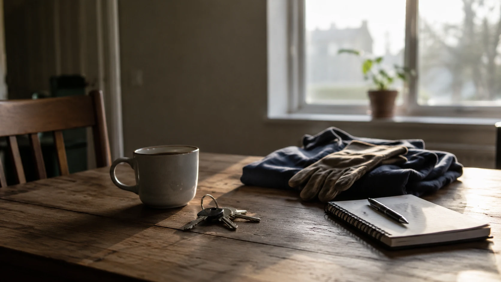 Nøgler, kaffekop og notesbog på et bord i varmt morgenlys